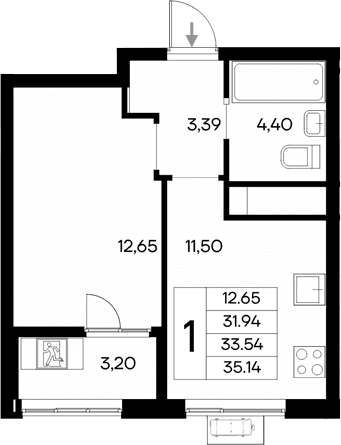 1-комн., 31.94 м²
