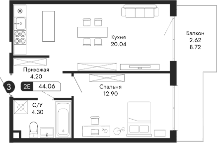 2-комн., 41.44 м²