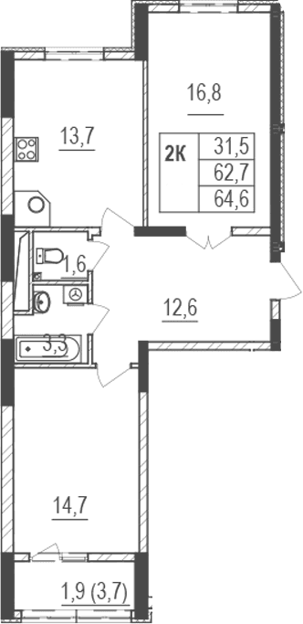 2-комн., 62.7 м²