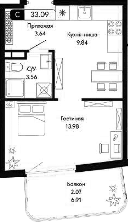 Студия, 31.02 м²