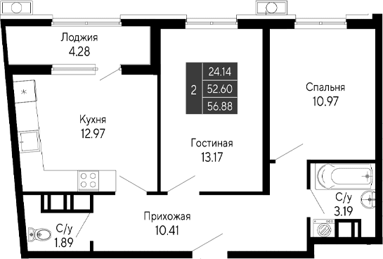 2-комн., 52.6 м²