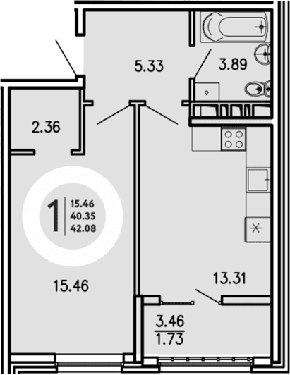 1-комн., 40.35 м²