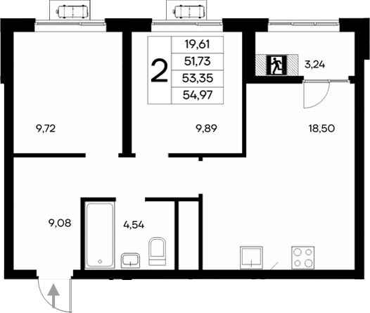 2-комн., 51.73 м²