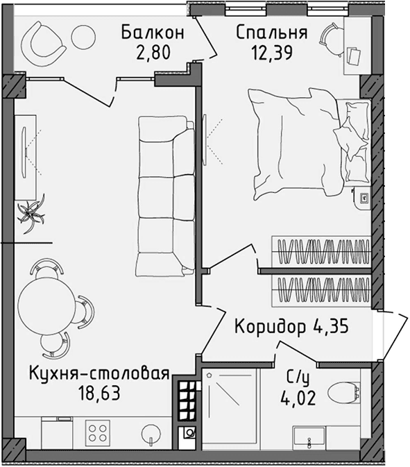 2-комн., 39.39 м²