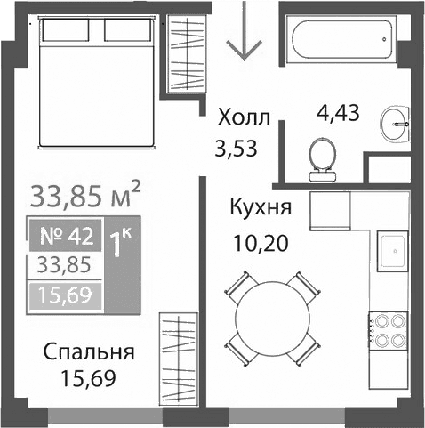 1-комн., 33.85 м²
