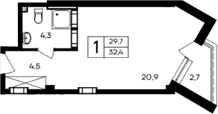 Студия, 29.7 м²