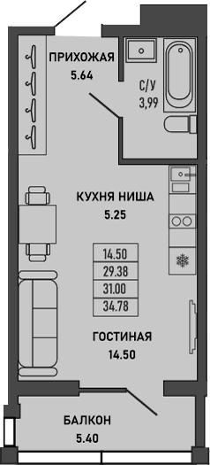 Студия, 29.38 м²