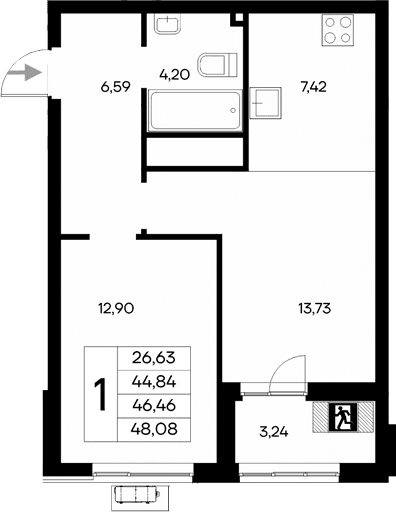 1-комн., 44.84 м²