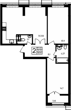 2-комн., 75.75 м²