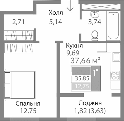 1-комн., 34.03 м²