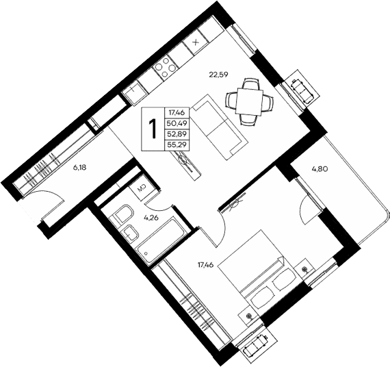 1-комн., 50.49 м²