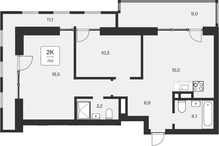2-комн., 58.5 м²