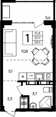 Студия, 22.9 м²