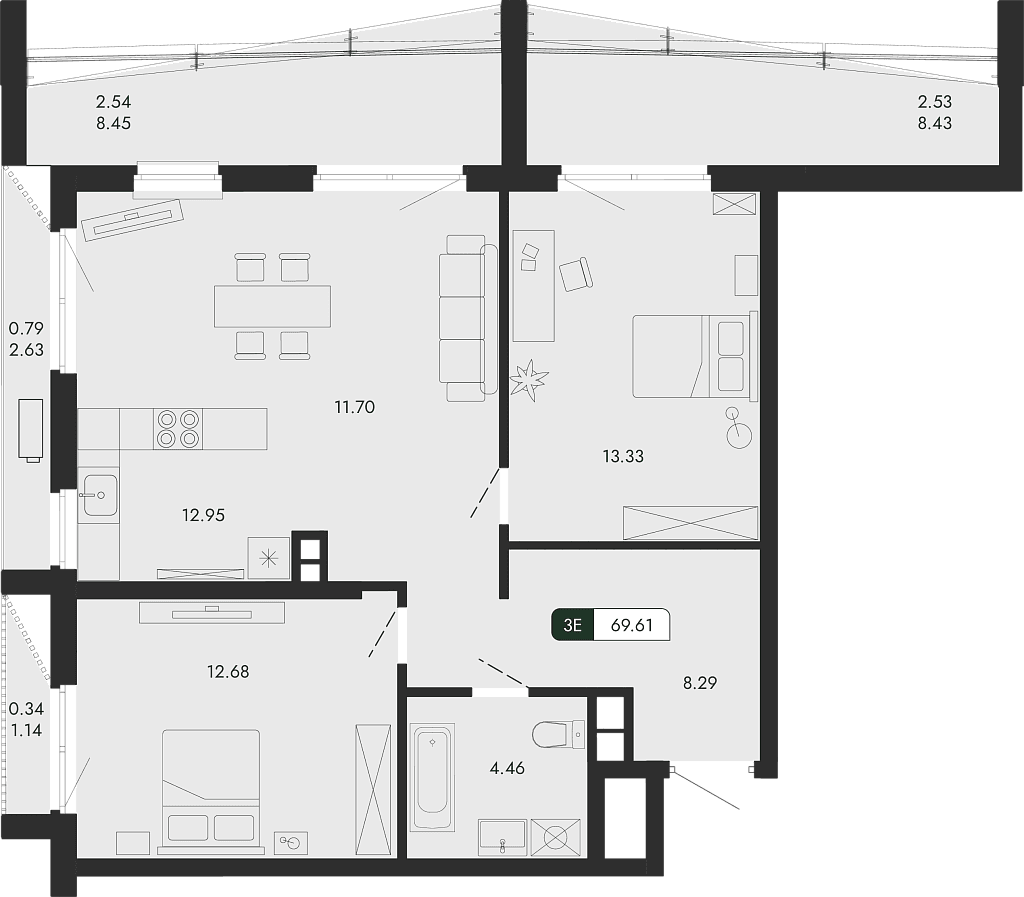 3-комн., 63.41 м²