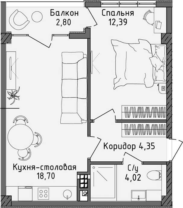 2-комн., 39.46 м²