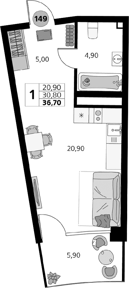 Студия, 30.8 м²