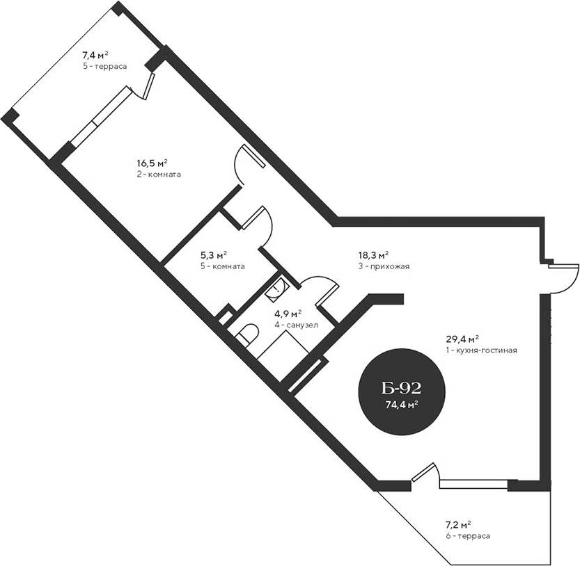 2-комн., 74.4 м²
