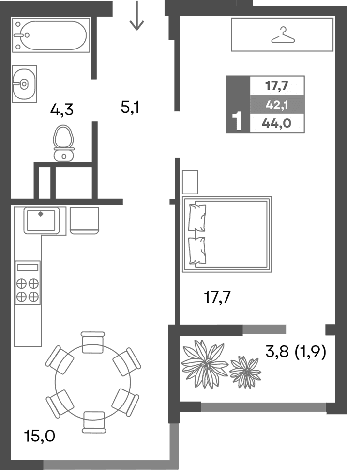 2-комн., 42.1 м²