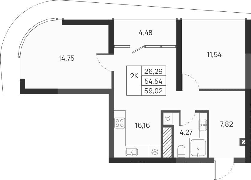 2-комн., 54.54 м²