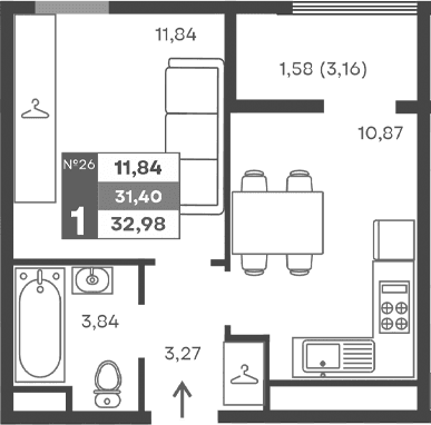 1-комн., 29.82 м²