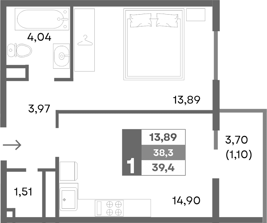 1-комн., 38.31 м²