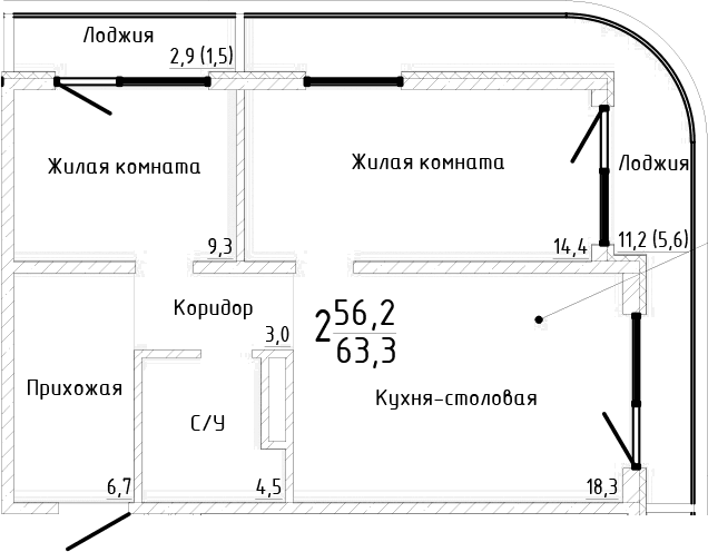 2-комн., 56.2 м²