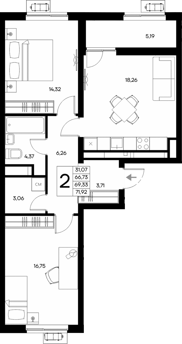 2-комн., 66.73 м²