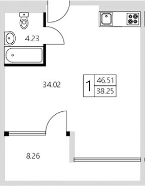 Студия, 38.24 м²