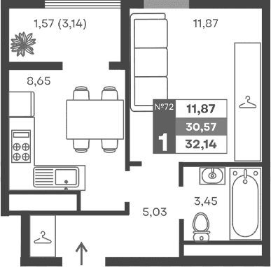 1-комн., 29 м²