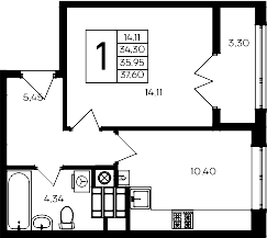 1-комн., 34.3 м²