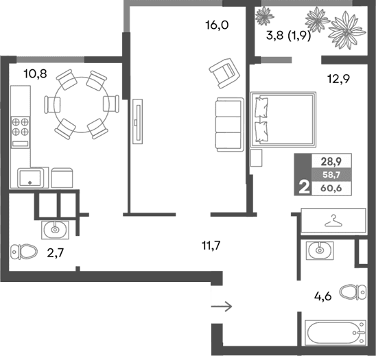 2-комн., 58.7 м²