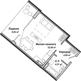 Студия, 33.28 м²