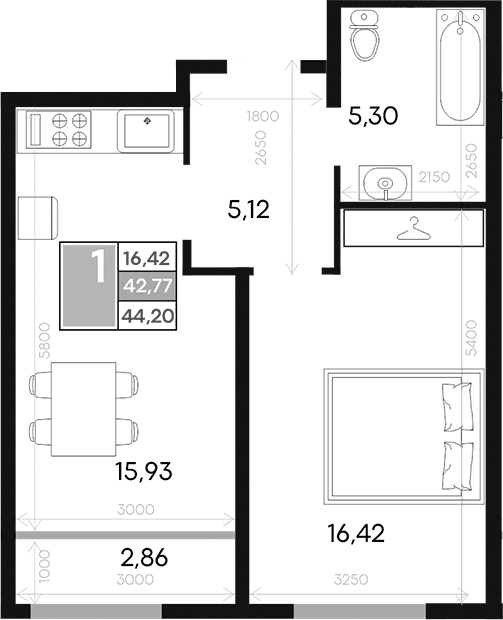 1-комн., 42.77 м²