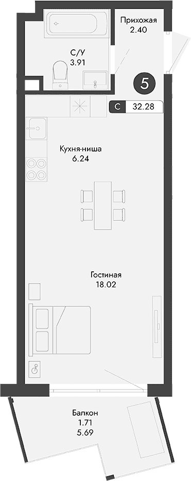 Студия, 30.57 м²