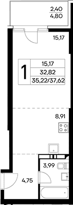 Студия, 35.22 м²