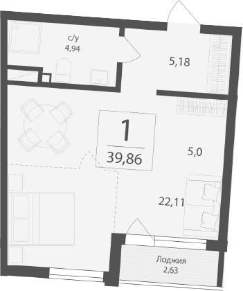 Студия, 37.23 м²