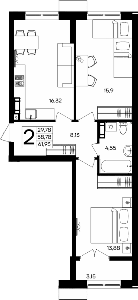 2-комн., 58.78 м²