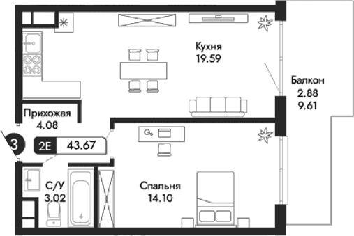 2-комн., 40.79 м²