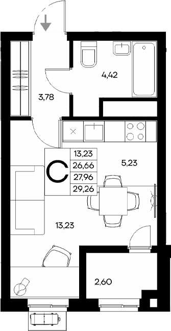 Студия, 26.66 м²