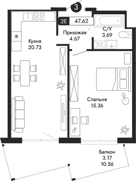 2-комн., 44.45 м²