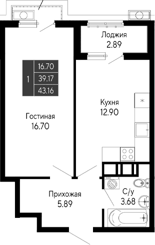 1-комн., 39.17 м²