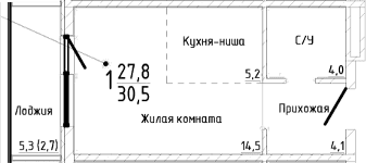 Студия, 27.8 м²