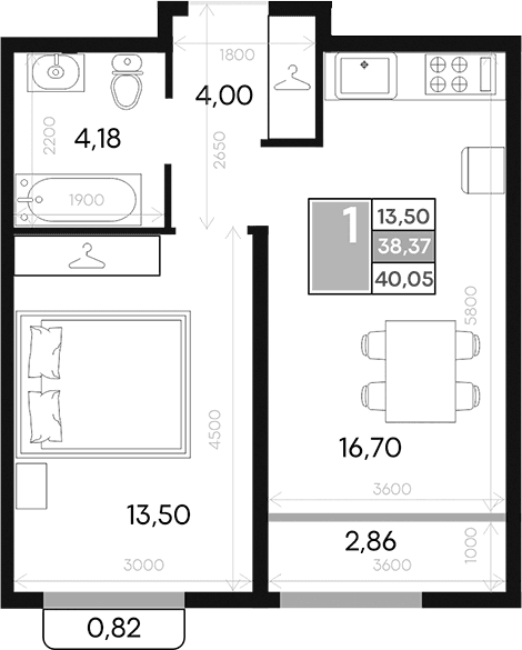 1-комн., 38.37 м²