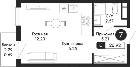 Студия, 26.23 м²