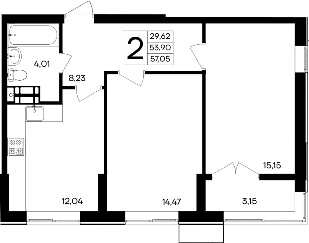 2-комн., 53.9 м²