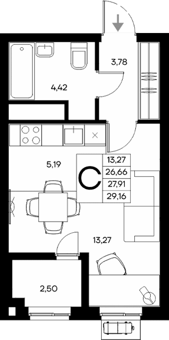 Студия, 26.66 м²