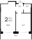 1-комн., 43.9 м²
