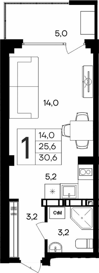 Студия, 25.6 м²