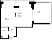 Студия, 37.6 м²