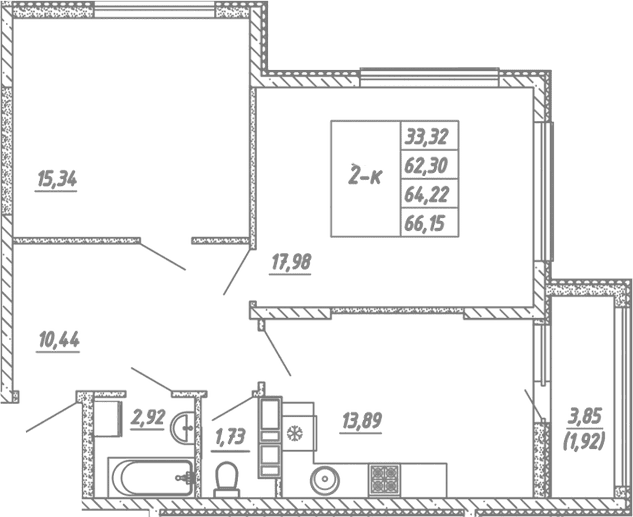 2-комн., 62.3 м²